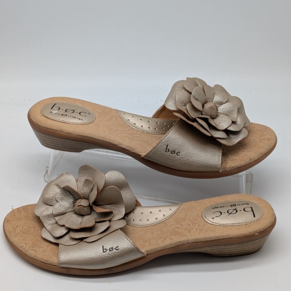 BOC Born Concept Womens 9 40.5 Metallic Flower Slide Sandals Low Wedge Gold